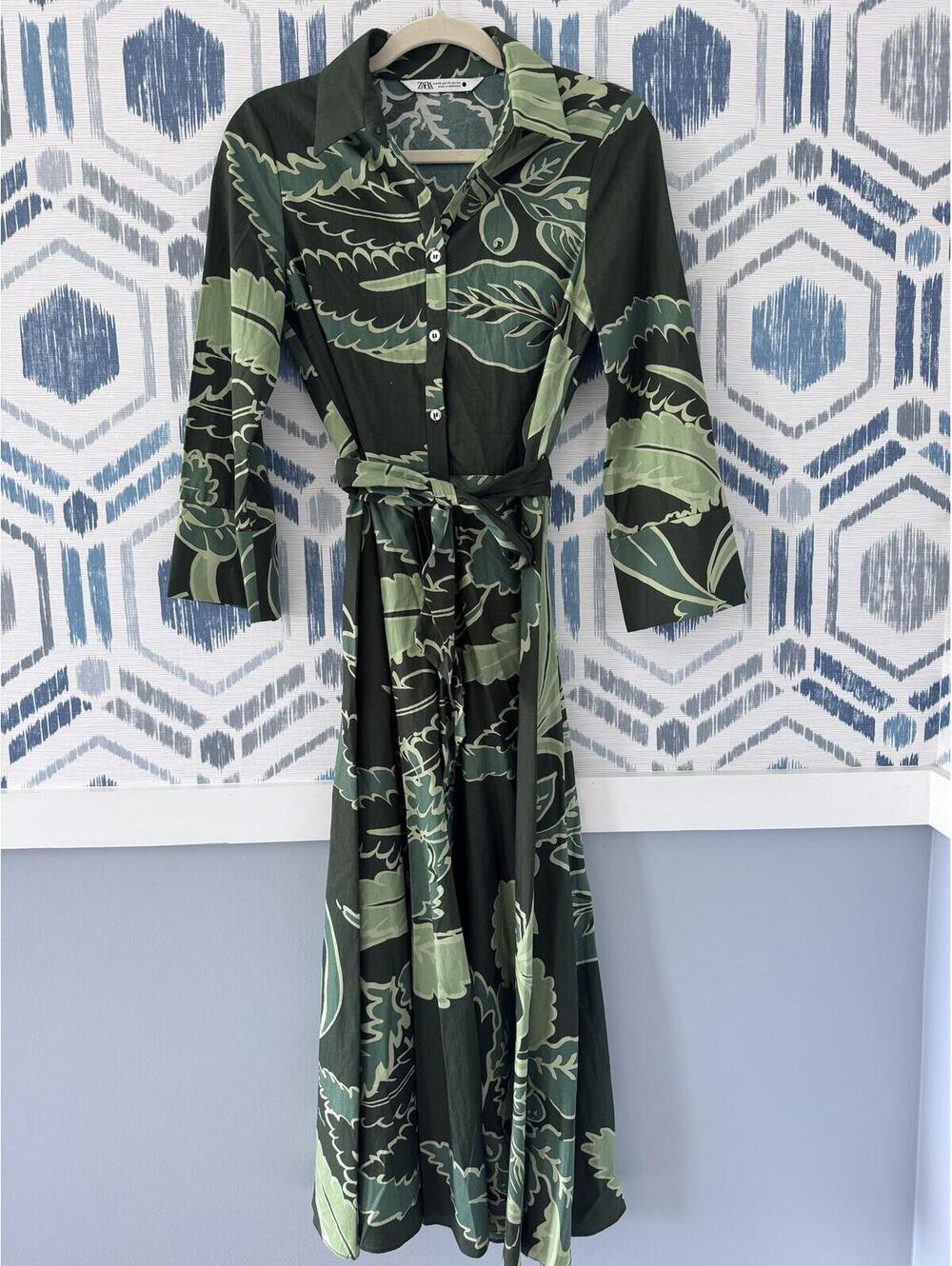 Zara Cotton Green Belted Leaf-Print Maxi Dress Sz XS Like New
